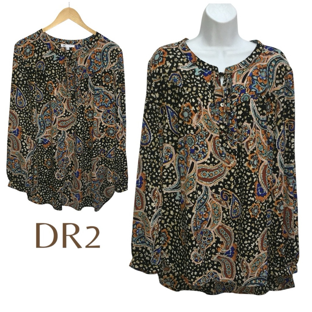 DR2 Black Paisley Button-Neck Blouse with Blue & Tan Accents